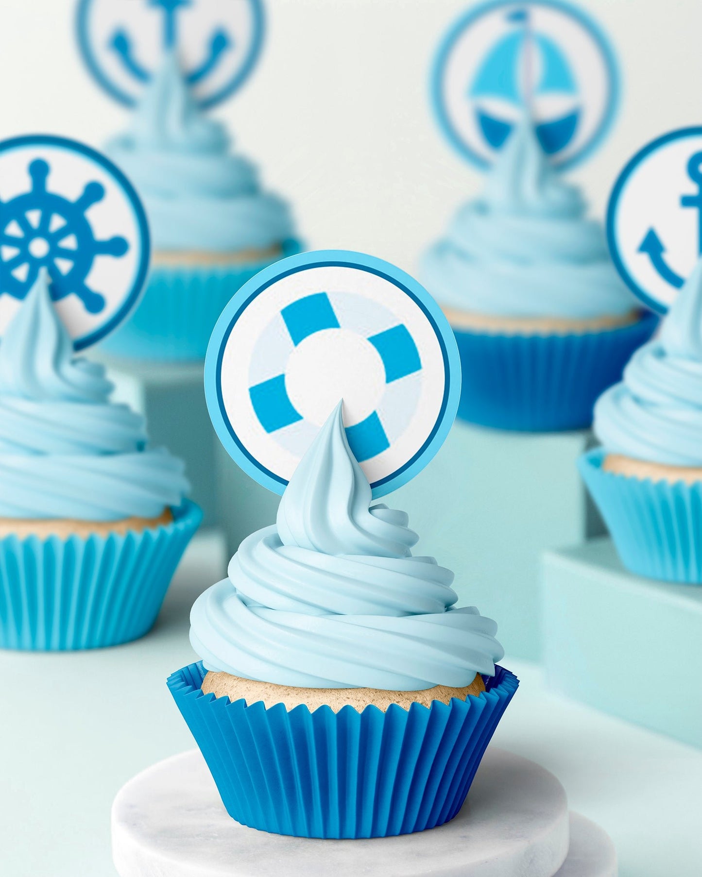 blue Ahoy nautical ocean theme edible wafer icing cupcake toppers boys