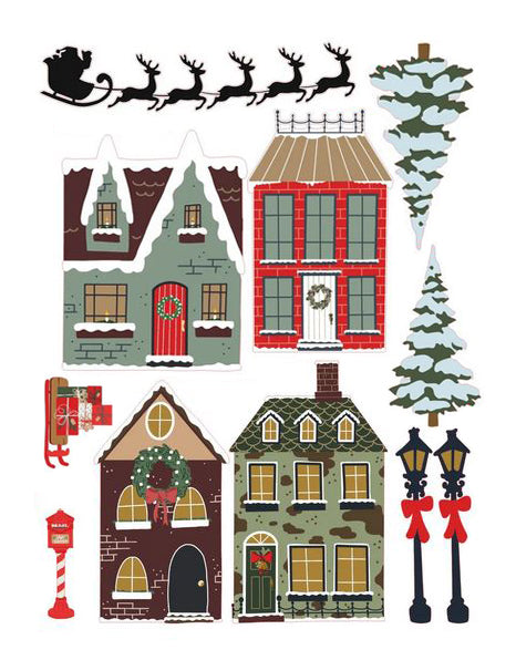 Christmas village party edible cake decorations icing wafer house holiday Festive santa reindeer sleigh lampost