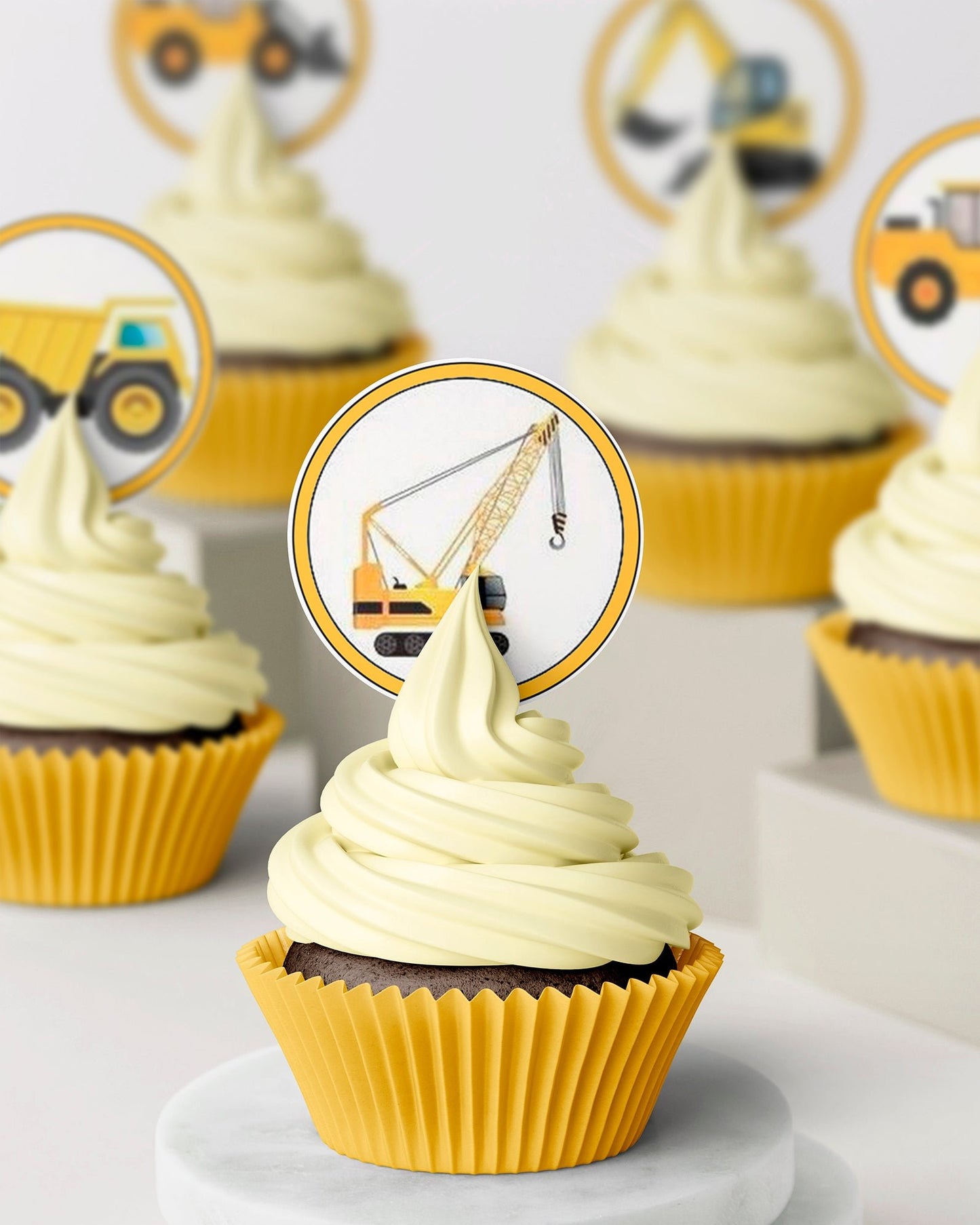 edible cupcake toppers wafer icing yellow construction trucks diggers bob the builder