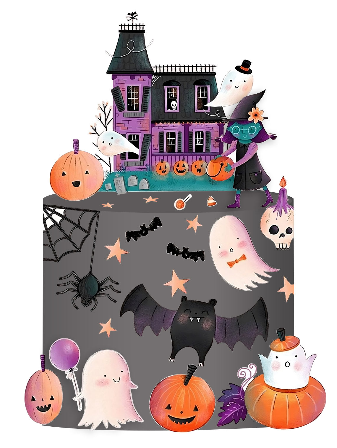 halloween party edible cake decorations icing wafer witch haunted house ghosts bats pumpkins spider web skull trick or treat