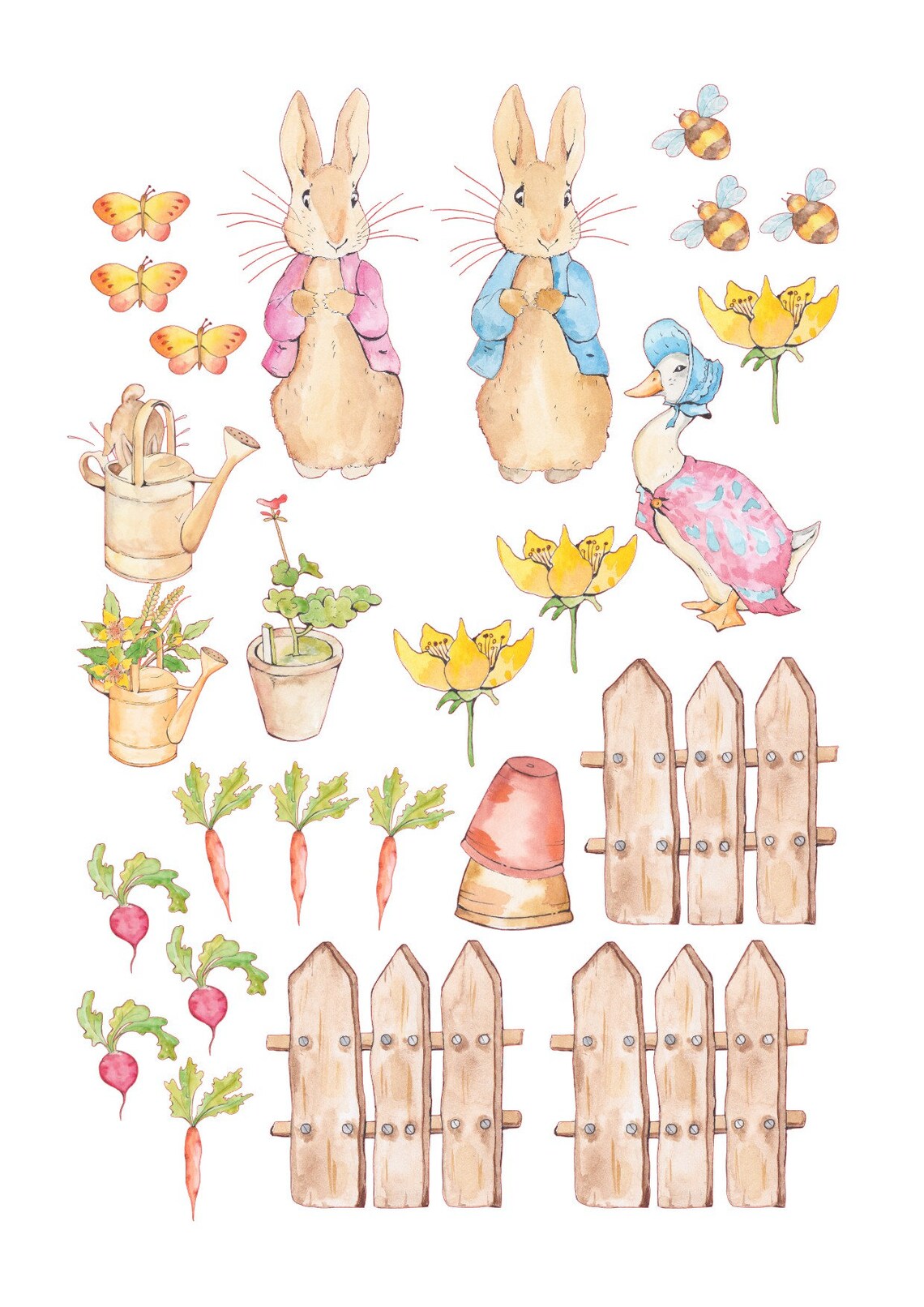 Edible Peter Rabbit Icing wafer cake decorations Goose Gardening scene fences watering can vegetable garden butterflies veggie patch