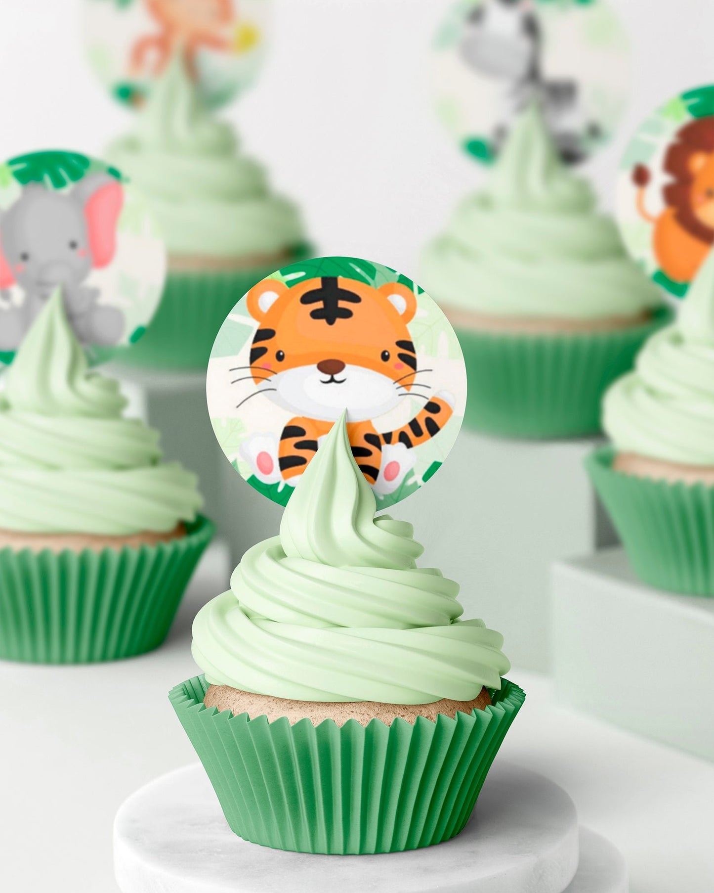 animal baby jungle tiger zebra monkey elephant edible wafer icing cupcake toppers