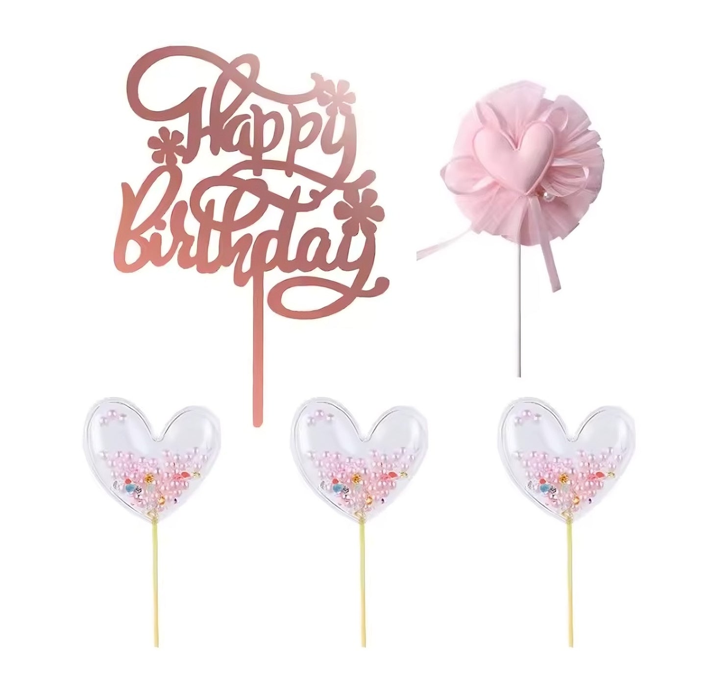 Pink Hearts & Pearls Happy Birthday Cake Topper Set 5PCS