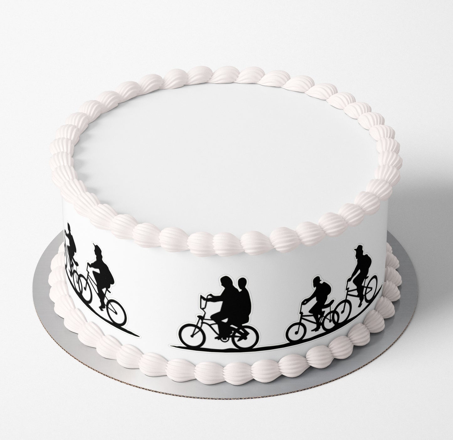 Stranger things tv show kids biking silhouette edible icing or wafer cake wrap black and white photos