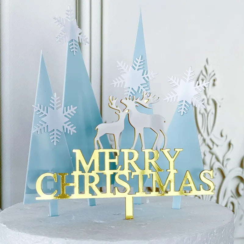 Merry Christmas Acrylic Cake topper Forest Scene trees snowflakes winter wonderland reindeer festive cake decorations