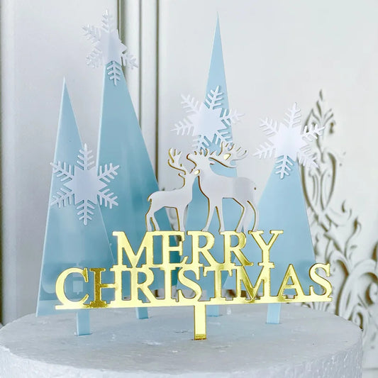 Merry Christmas Acrylic Cake topper Forest Scene trees snowflakes winter wonderland reindeer festive cake decorations
