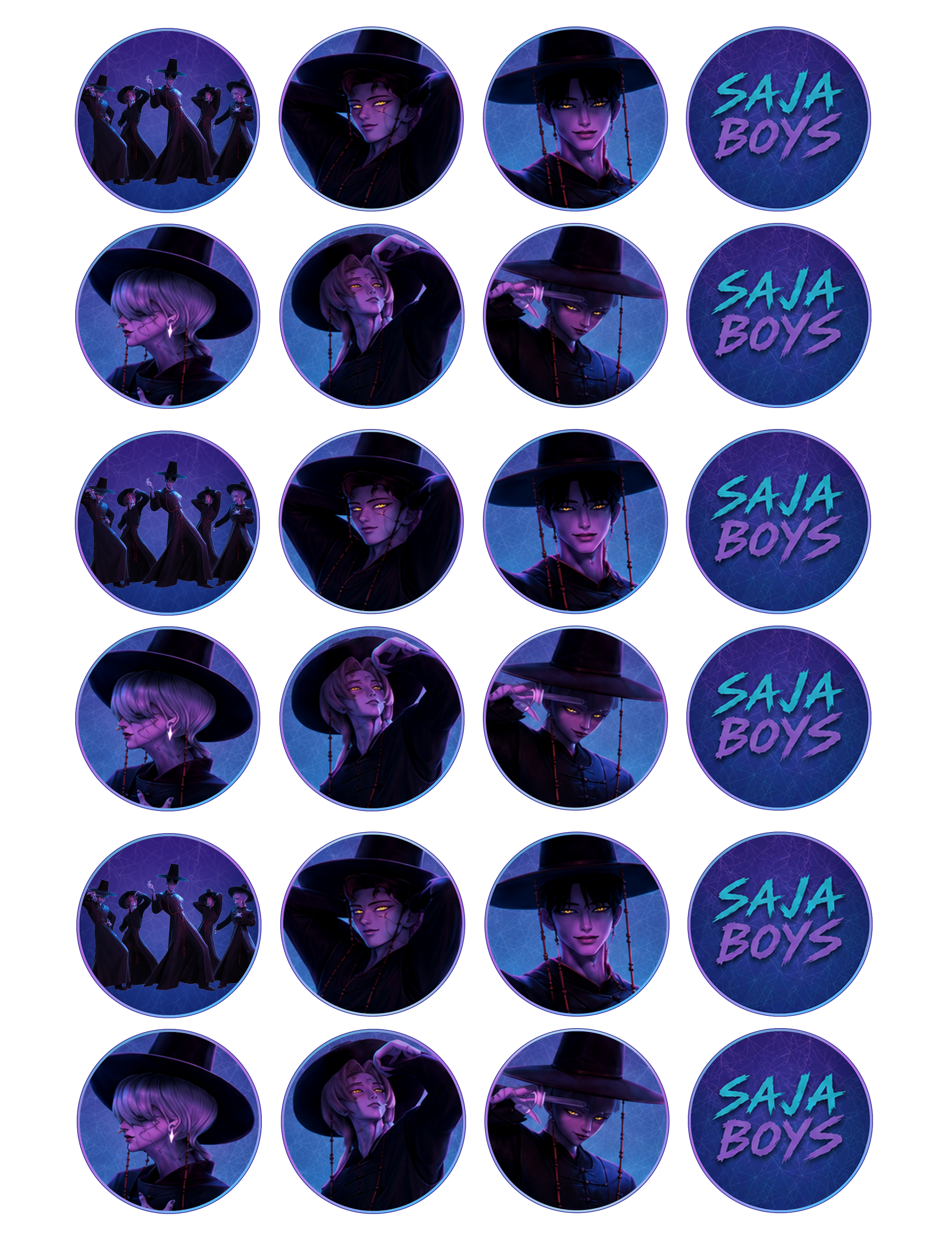 edible wafer icing cupcake toppers Kpop Demon Hunters Saja Boys Demons Purple Blue Cake decorations
