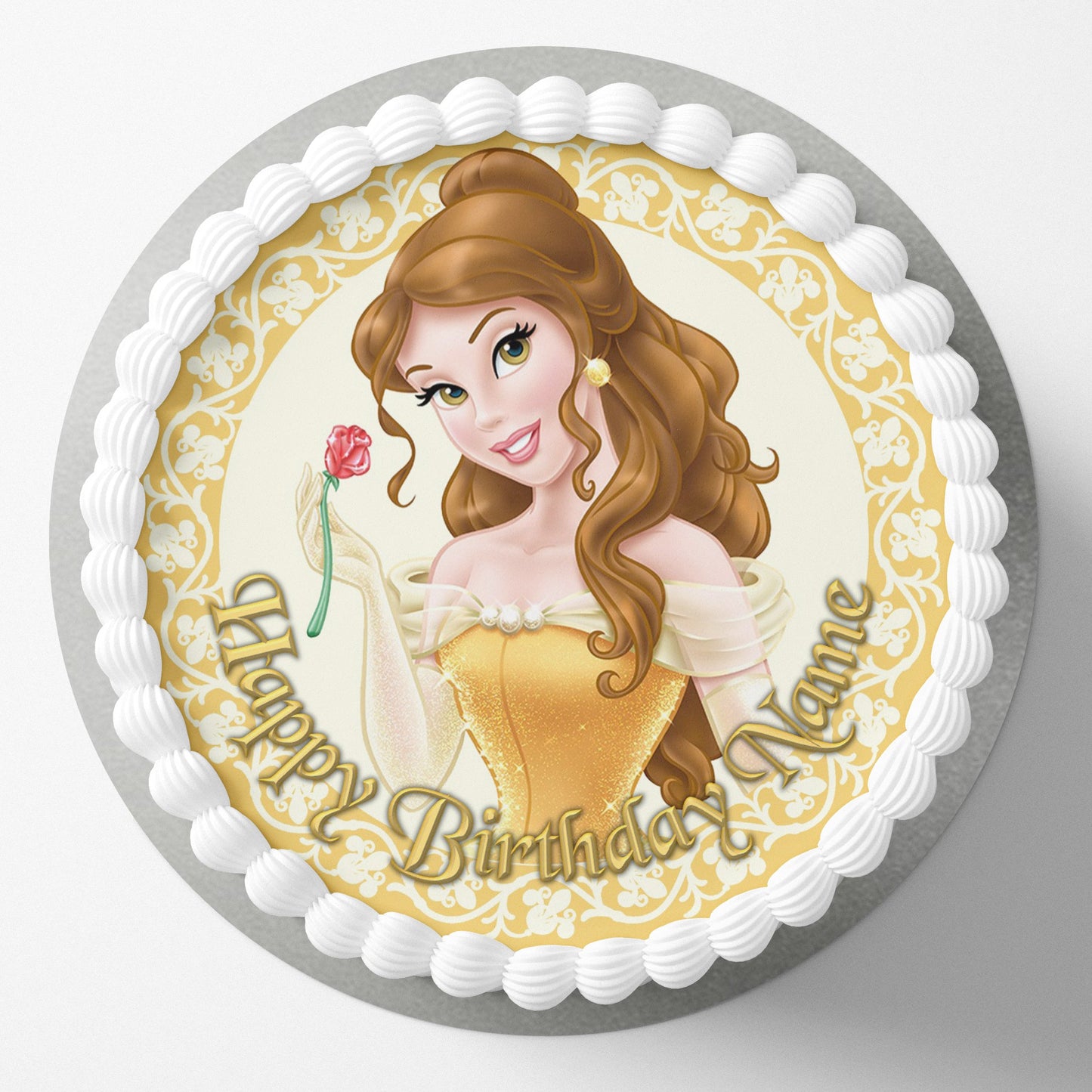 Cute pretty yellow Edible wafer icing cake topper decoration gluten free princess Belle Beauty and the Beast Disney