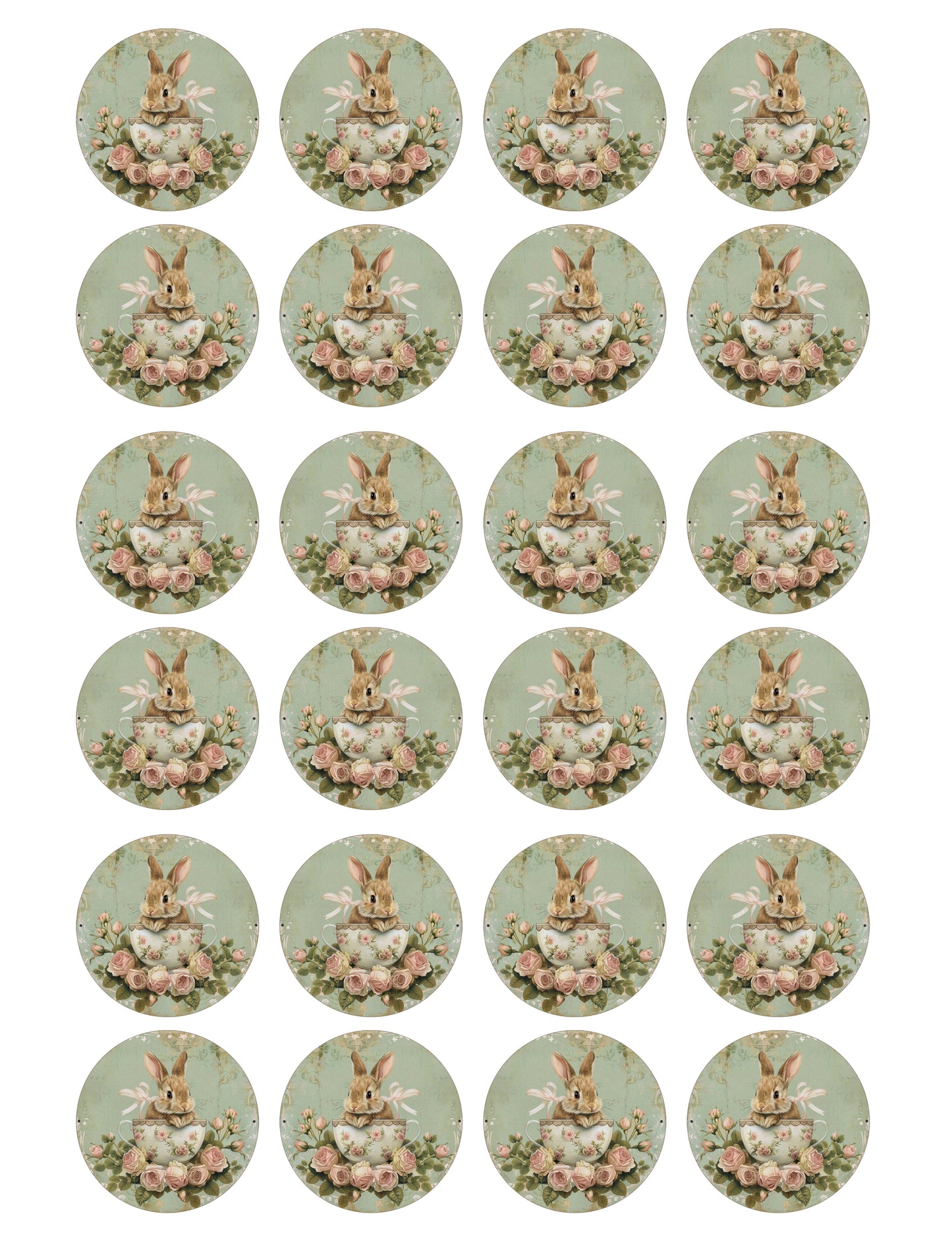 Vintage bunny in teacup roses green edible wafer icing cake toppers easter Birthdays Tea Party