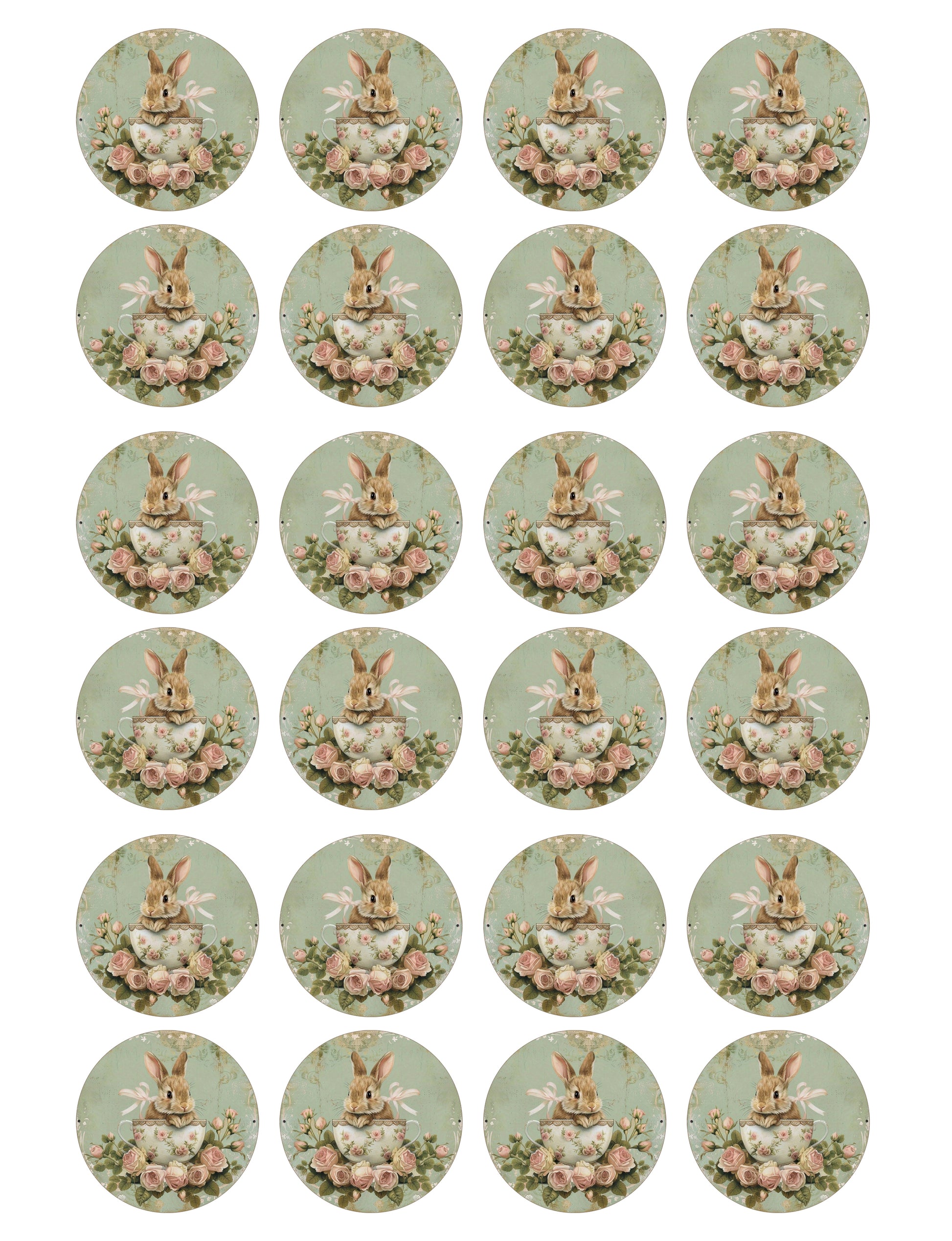 Vintage bunny in teacup roses green edible wafer icing cake toppers easter Birthdays Tea Party