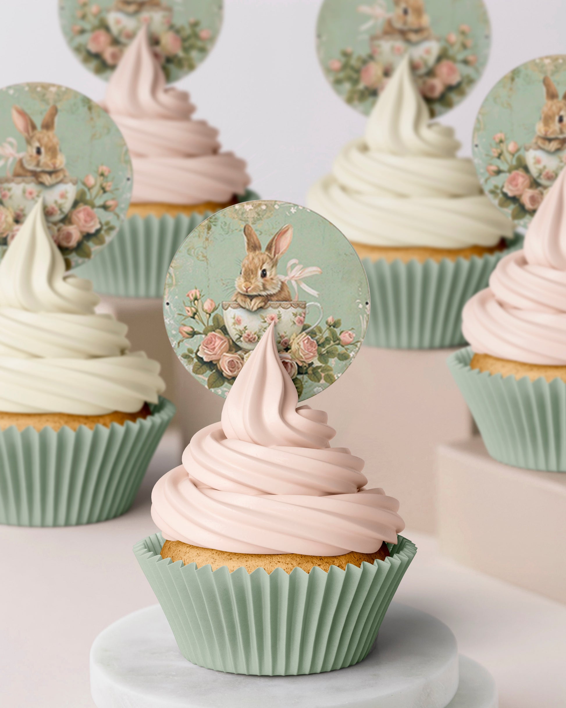 Vintage bunny in teacup roses green edible wafer icing cake toppers easter Birthdays Tea Party