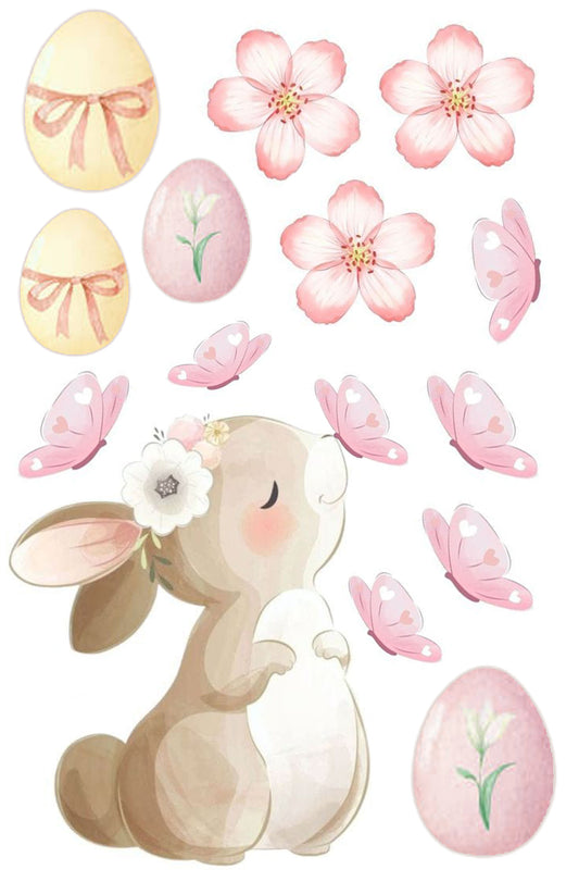 Edible cake decoration set with a cute bunny, Easter eggs, flowers and butterflies, comes in wafer or icing