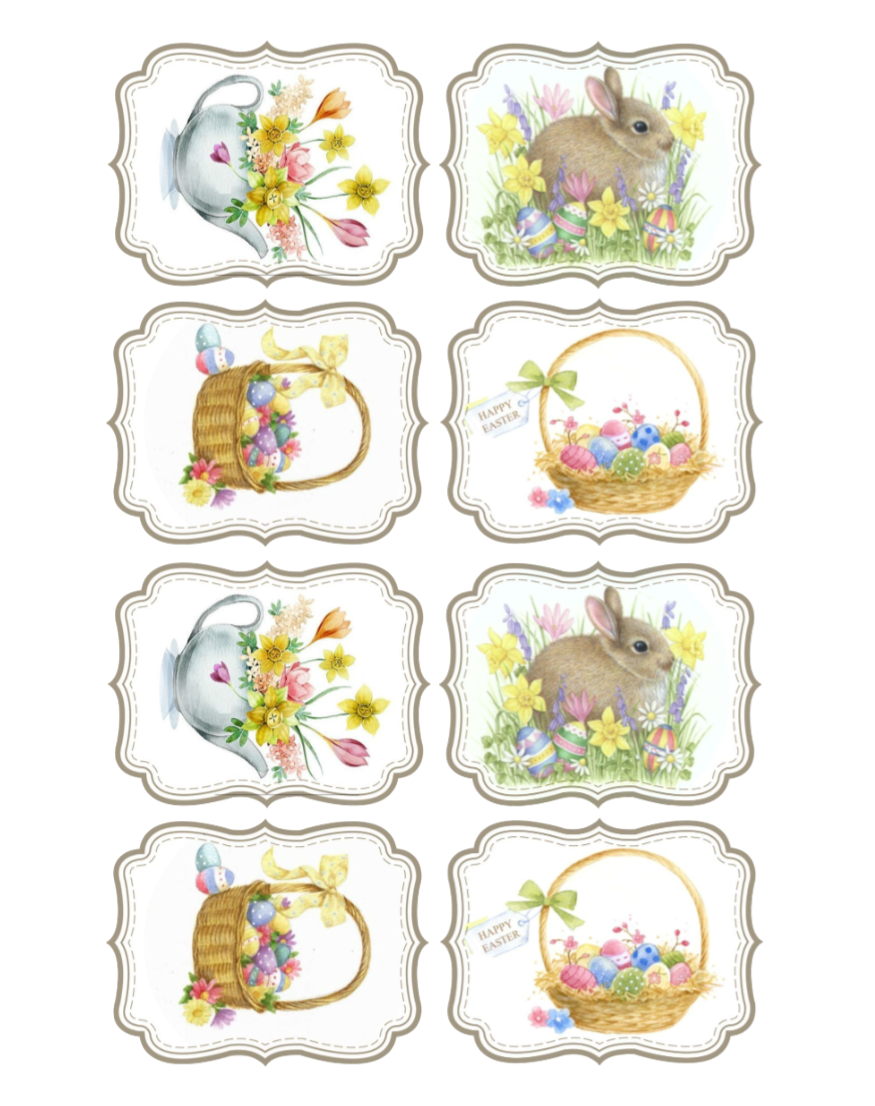 Set of Easter-themed edible cupcake or cookie toppers with bunnies, baskets, and flowers