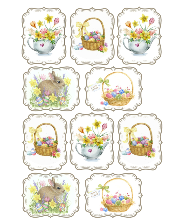 Set of Easter-themed edible cupcake or cookie toppers with bunnies, baskets, and flowers