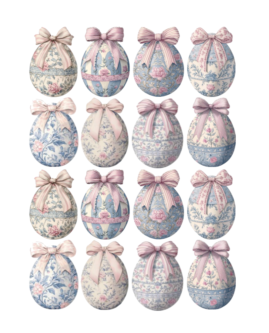 Blue & Pink Pastel fancy Grandmillenial Easter Eggs cupcake toppers precut wafer paper, wafer card or icing, Edible, Food grade, Lolita