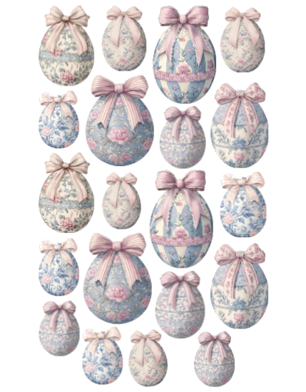 Decorative Easter eggs with floral patterns and pink bows Precut designs edible wafer paper or icing