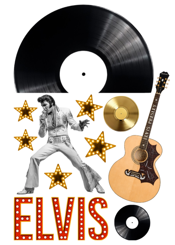 Retro Elvis Edible Cake topper scene Make your next cake stand out! Easy to apply wafer or icing 11 piece set, cake decorating