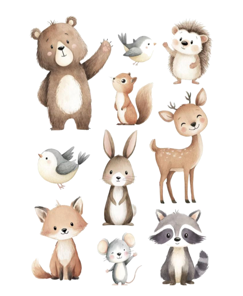 Forest woodland animal friends precut edible cake decorating cozy scene icing or wafer rabbit, fox, squirrel, bear, deer, birds, raccoon, hedgehog