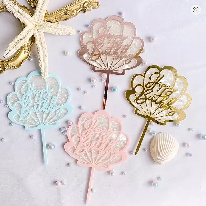 pink, blue or rose gold Mermaid shell pearlescent pearl inlay acrylic cake toppers Girls birthday parties cake decorations party supplies