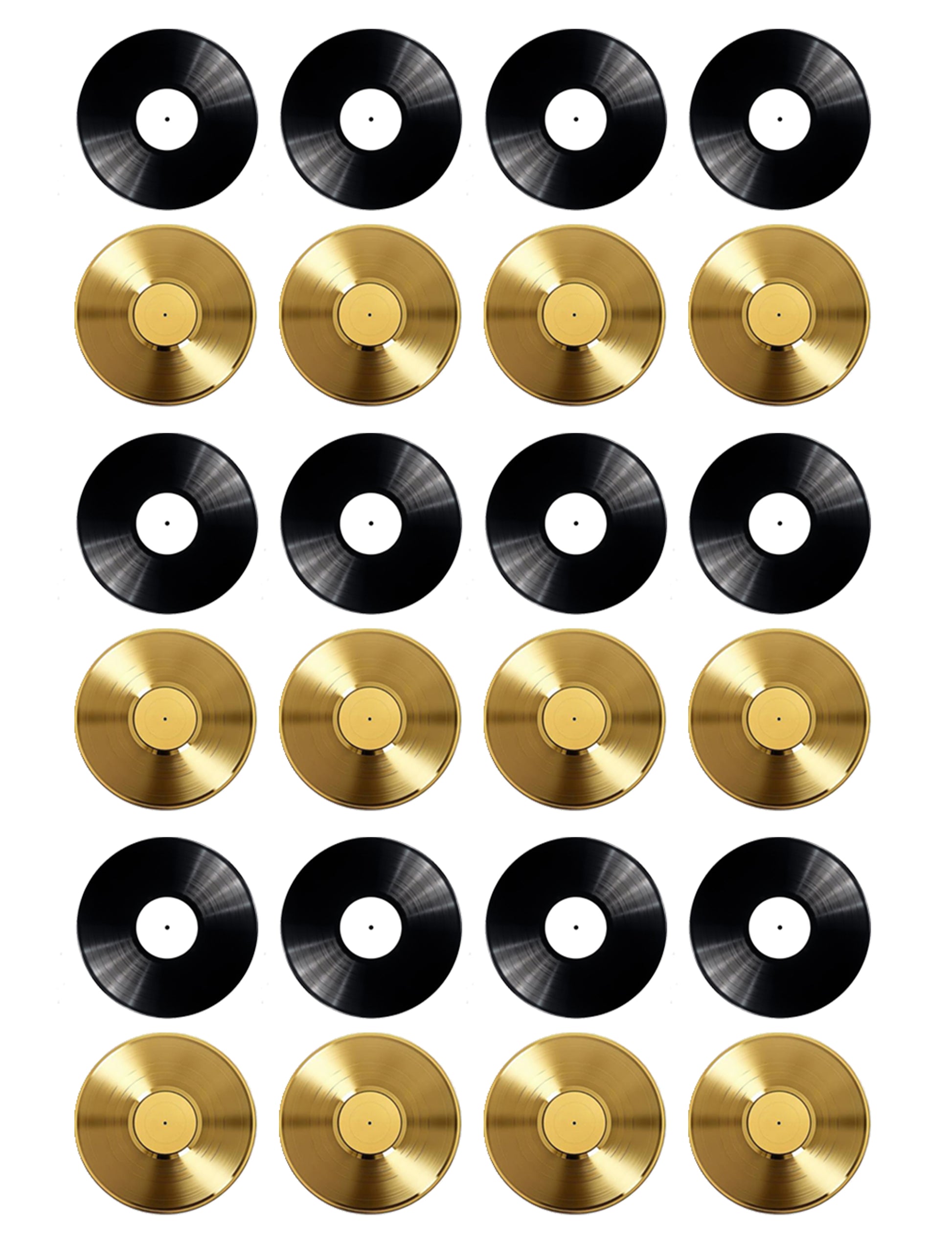 Edible cupcake toppers Icing or wafer Retro Vinyl Records  Black and Gold Mix party and birthday cake decorations 