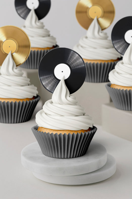 Edible cupcake toppers Icing or wafer Retro Vinyl Records  Black and Gold Mix party and birthday cake decorations 