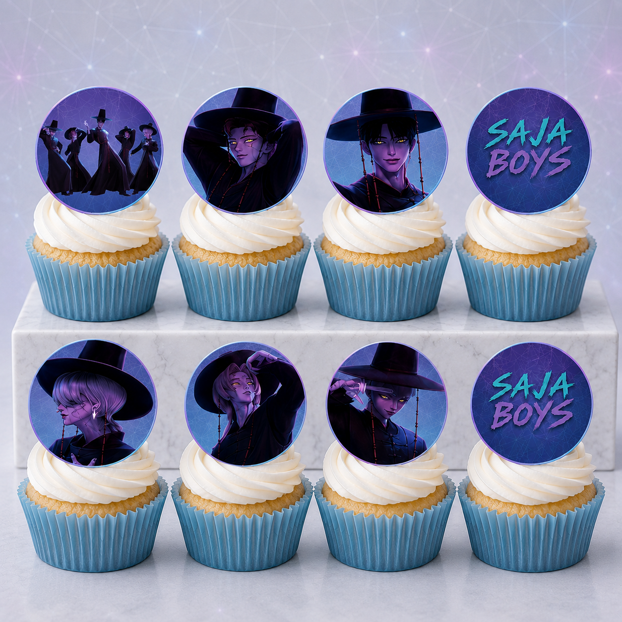 edible wafer icing cupcake toppers Kpop Demon Hunters Saja Boys Demons Purple Blue Cake decorations