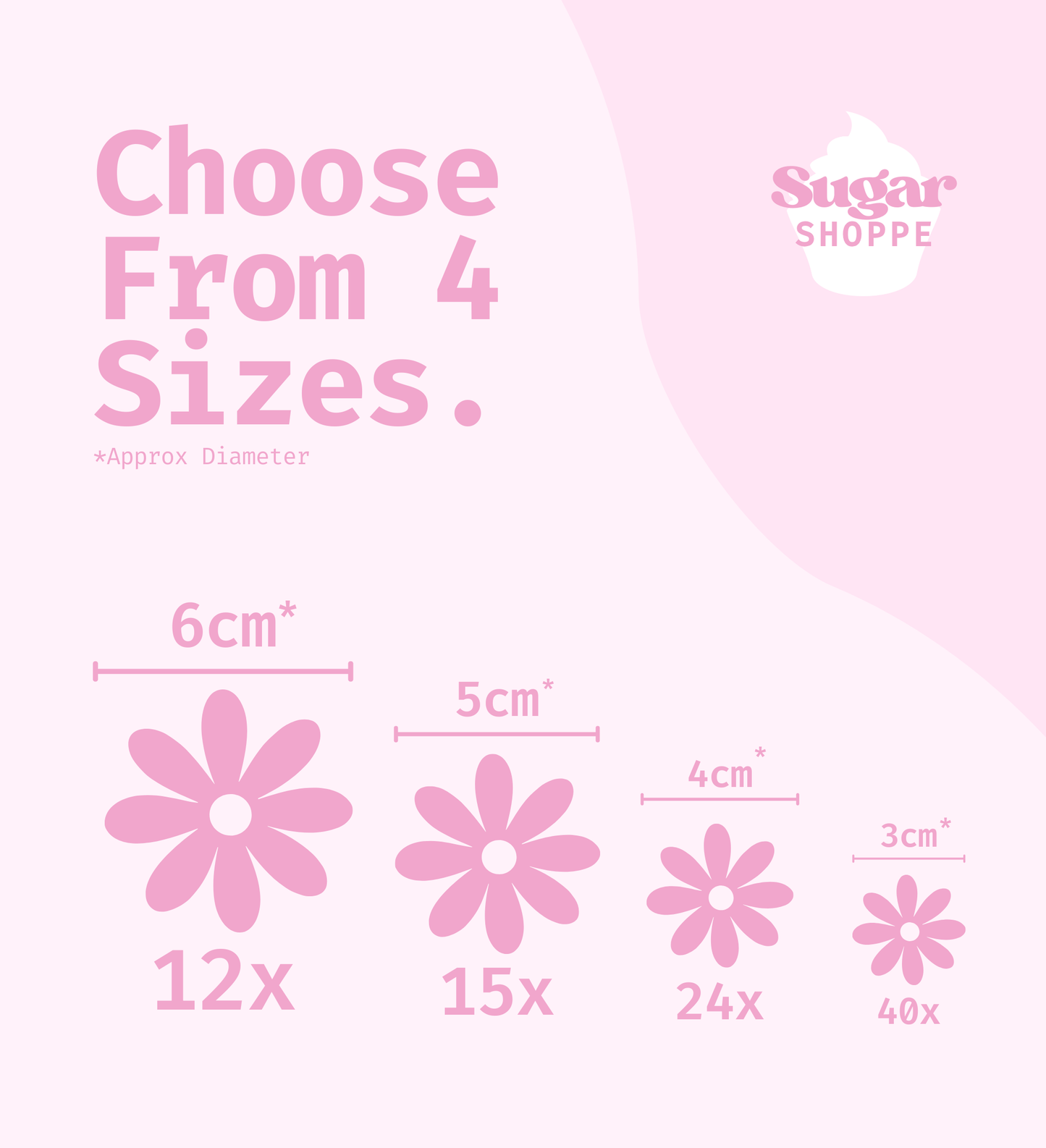 Sugarshoppe wafer and icing flower size guide 3cm 4cm 5cm 6cm 