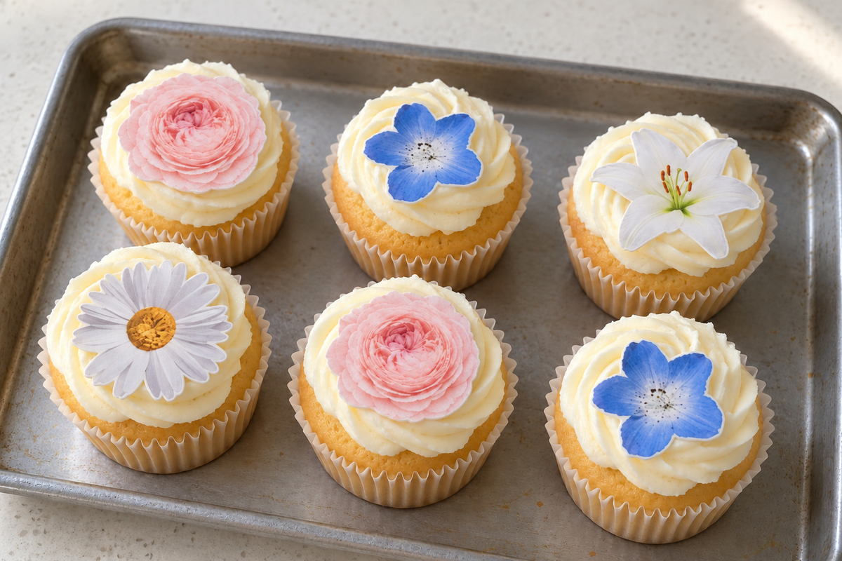 Illustrative application of the four Garden printed flower designs on cupcakes. Food and props are not included.