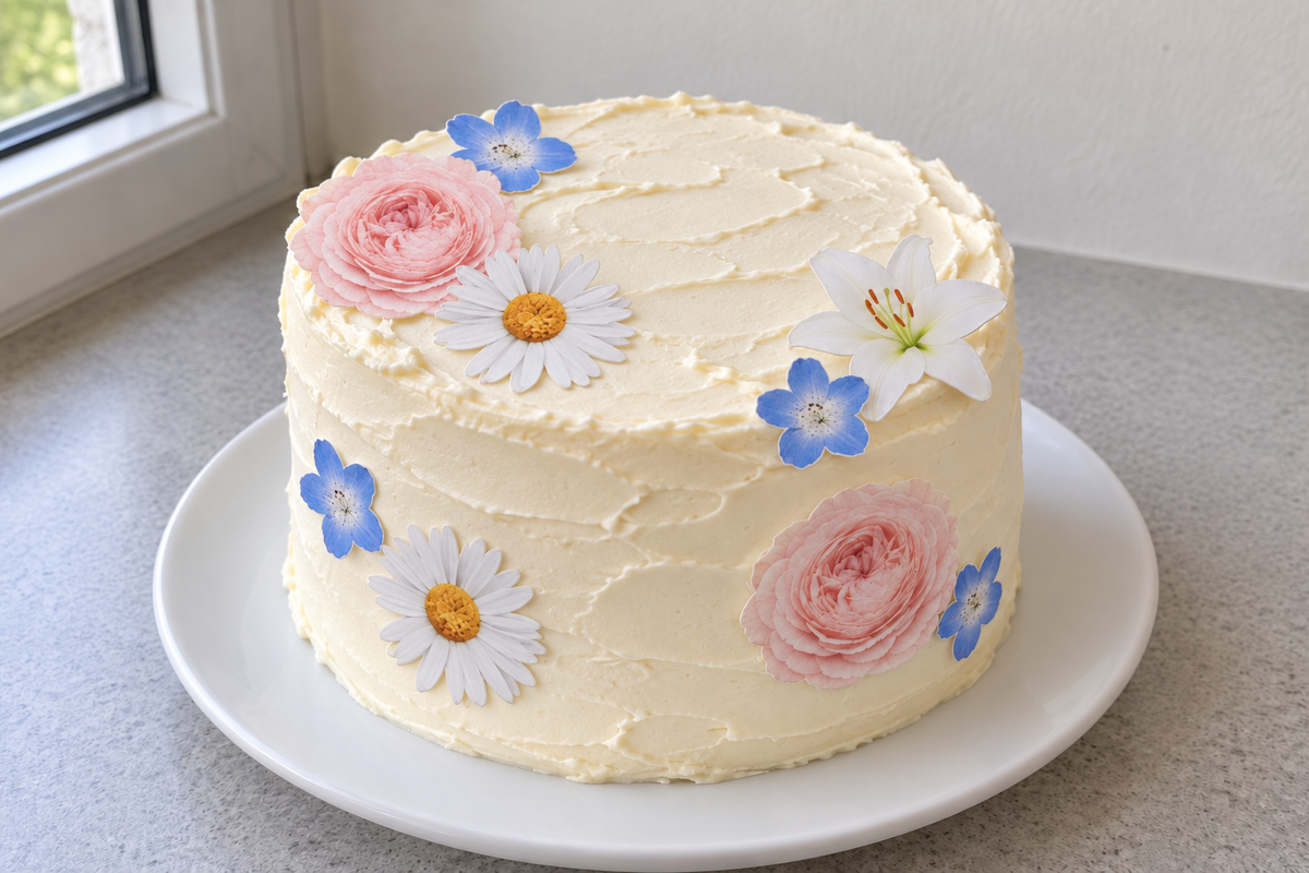 Illustrative application of the four Garden printed flower designs on a cake. Cake and icing are not included.