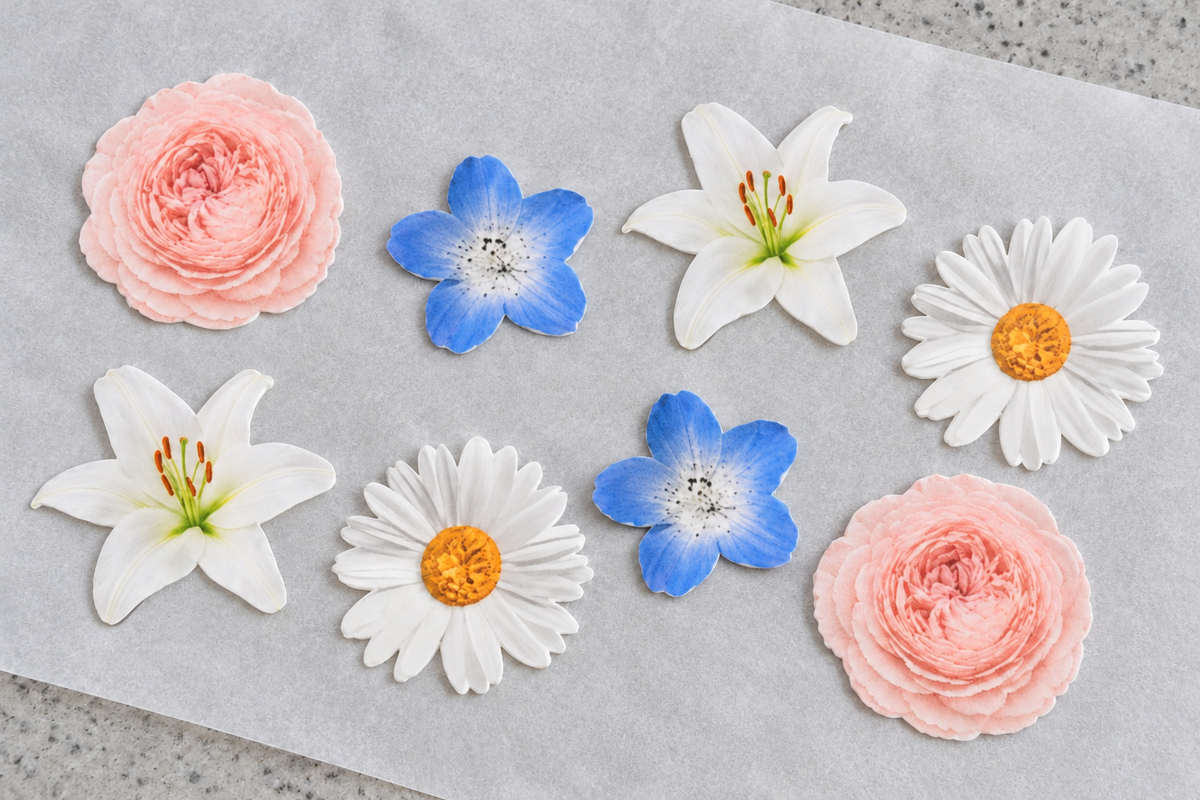 Garden design overview: blush pink rose, blue forget-me-not, white lily and white daisy printed cutouts. Samples shown; see full-pack quantities in the description.