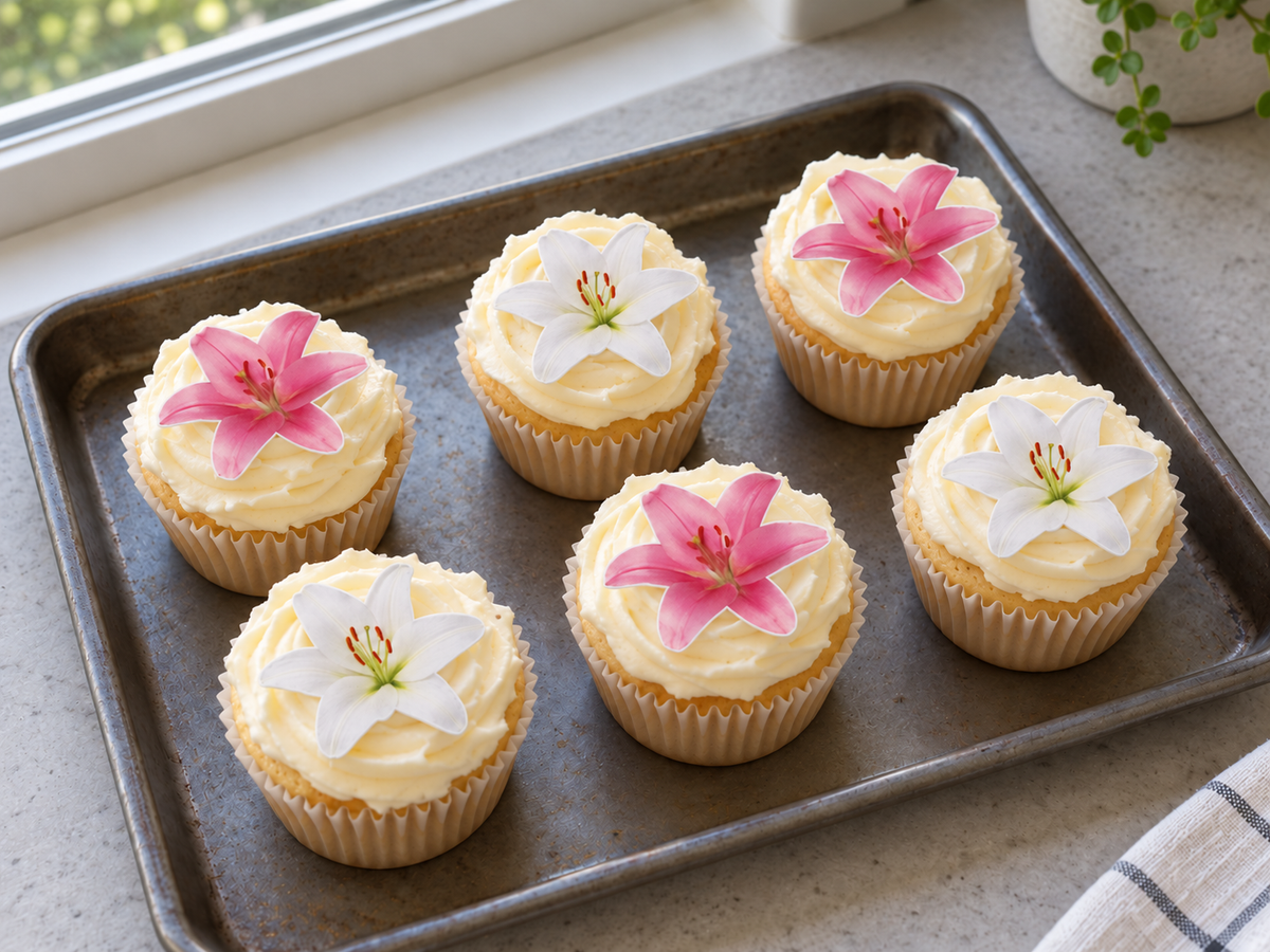Illustrative application of flat printed pink and white lily decorations on cupcakes. Cupcakes are not included.