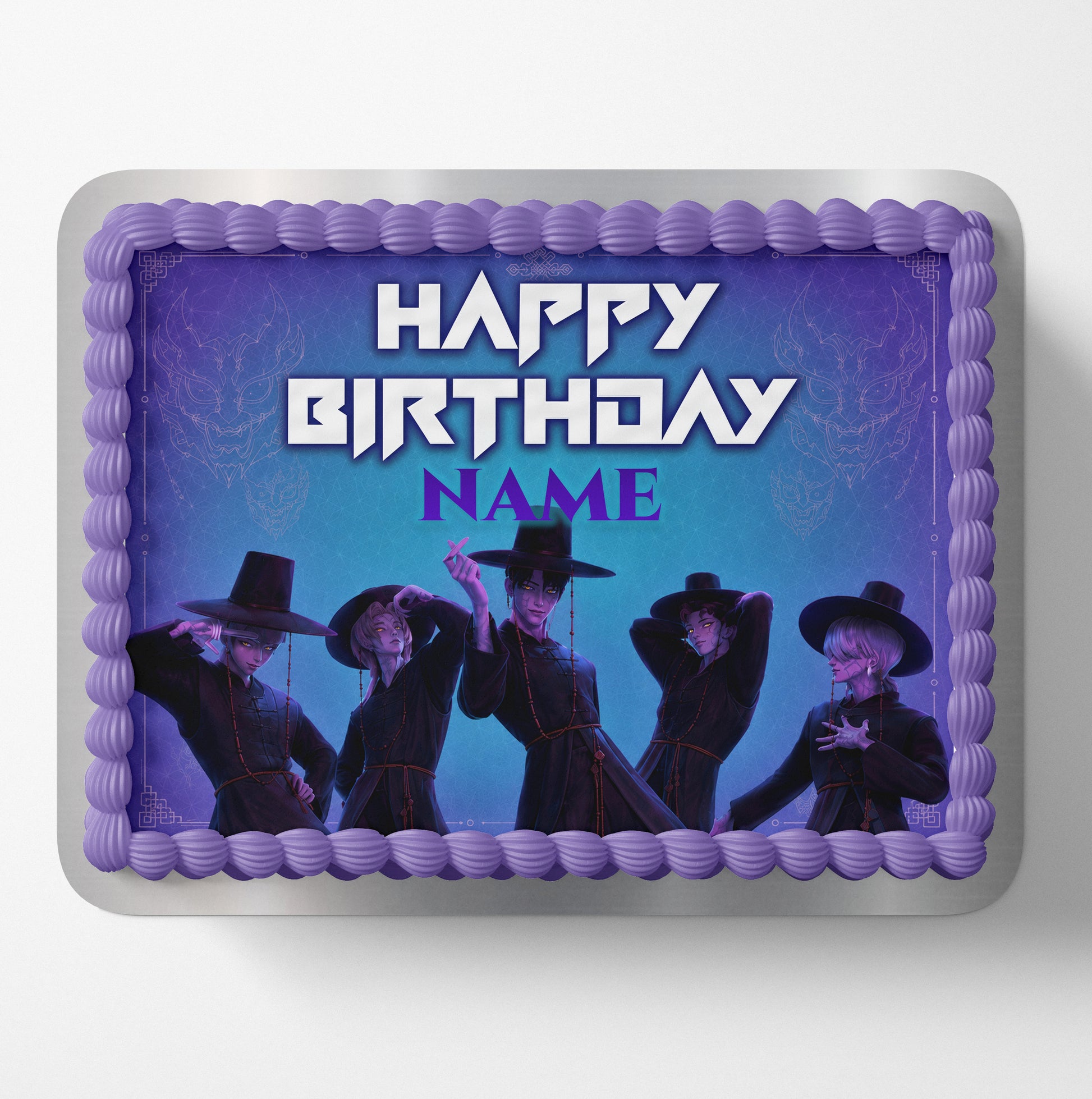 edible wafer icing Birthday rectangle cake topper round Kpop Demon Hunters Saja Boys Demon mode Blue Purple Cake decorations