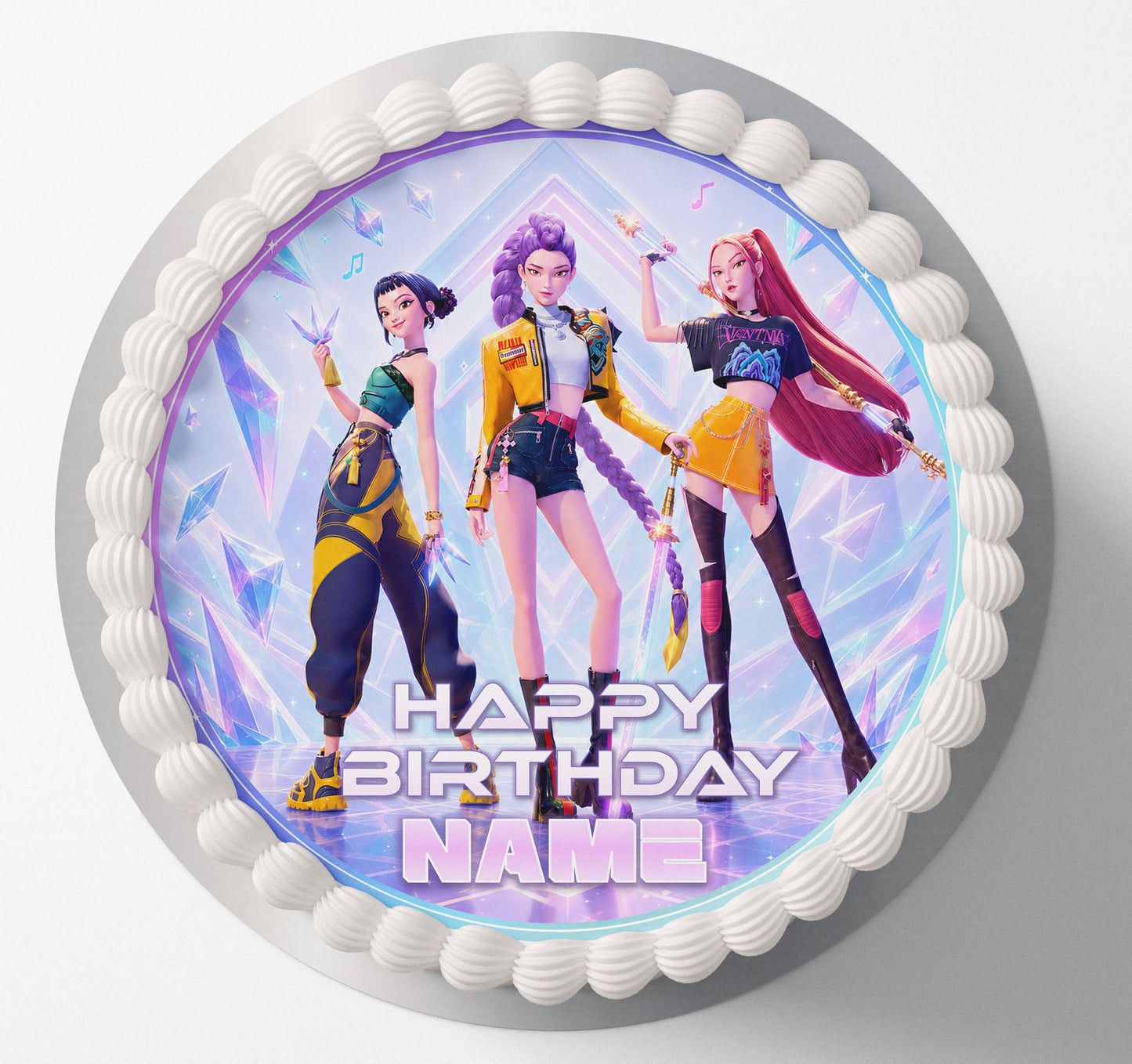 edible wafer icing Birthday cake topper round Kpop Demon Hunters HUNTRX Girls Crystal Gem Blue Purple Cake decorations