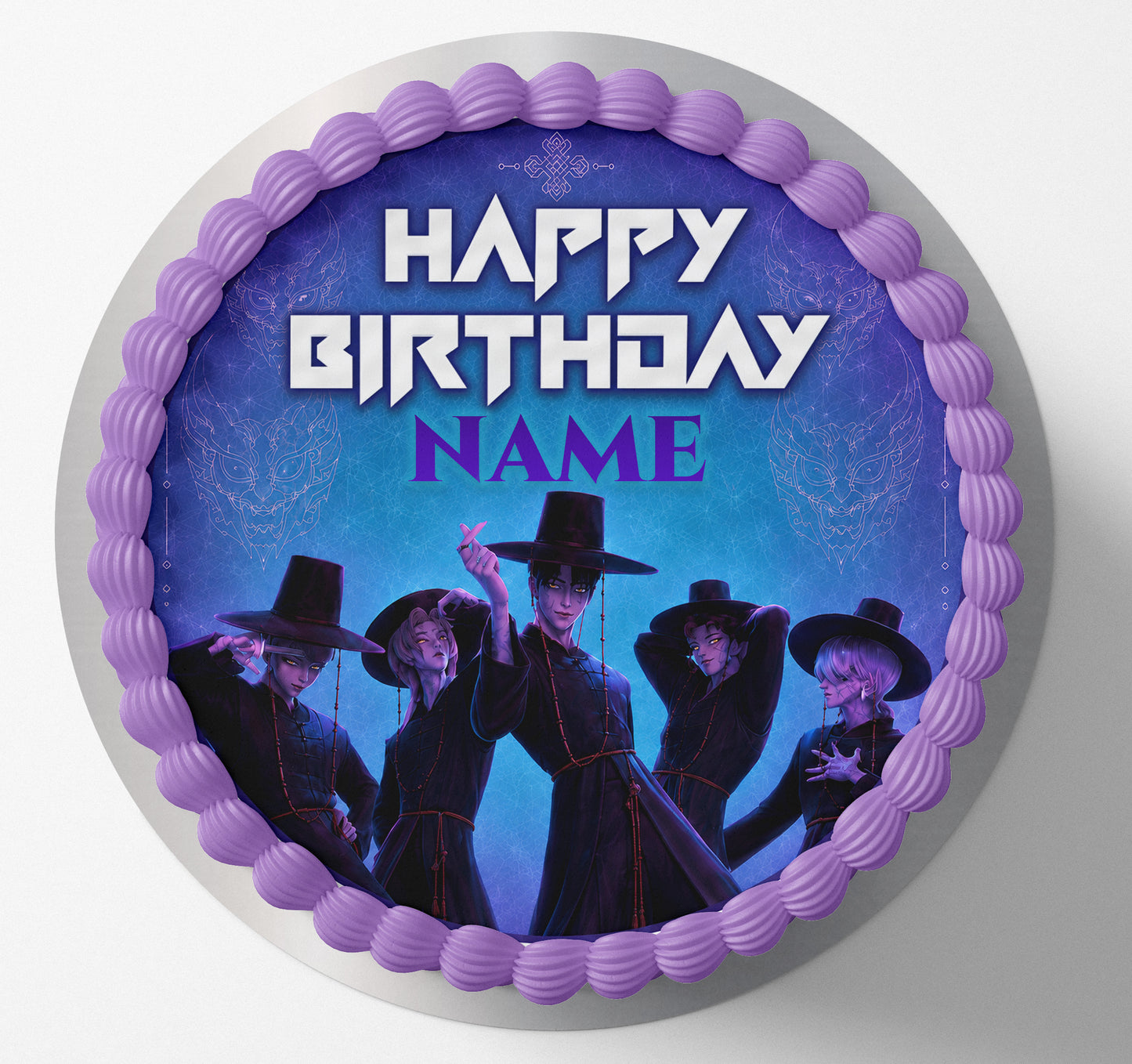 edible wafer icing Birthday Round cake topper round Kpop Demon Hunters Saja Boys Demon mode Blue Purple Cake decorations