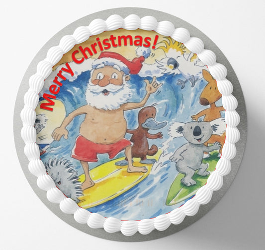 Aussie surfing santa christmas edible cake topper wafer icing cake decorating