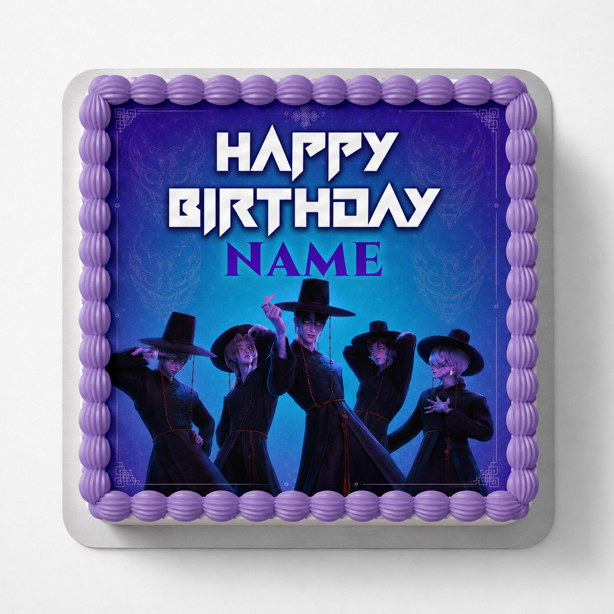 edible wafer icing Birthday square cake topper round Kpop Demon Hunters Saja Boys Demon mode Blue Purple Cake decorations
