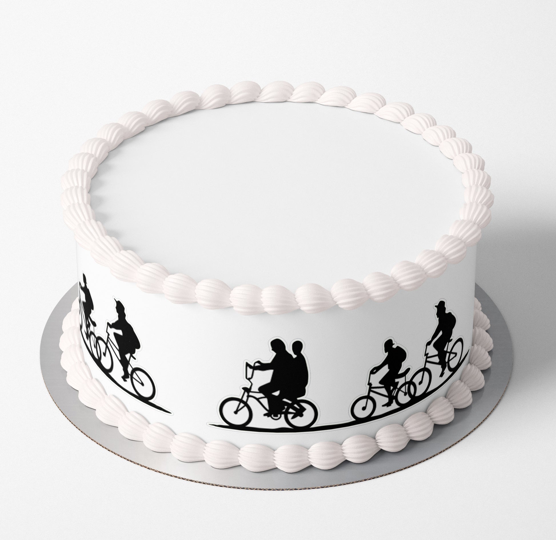 Stranger things tv show kids biking silhouette edible icing or wafer cake wrap black and white photos