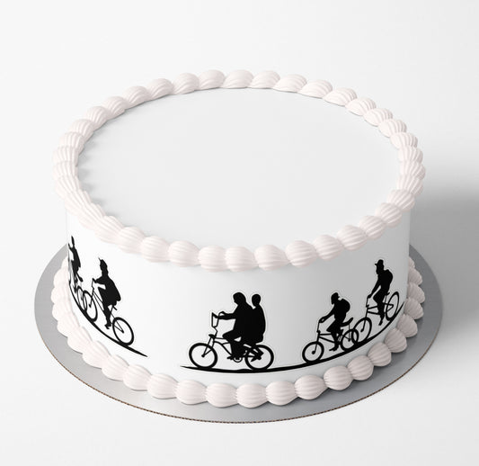 Stranger things tv show kids biking silhouette edible icing or wafer cake wrap black and white photos