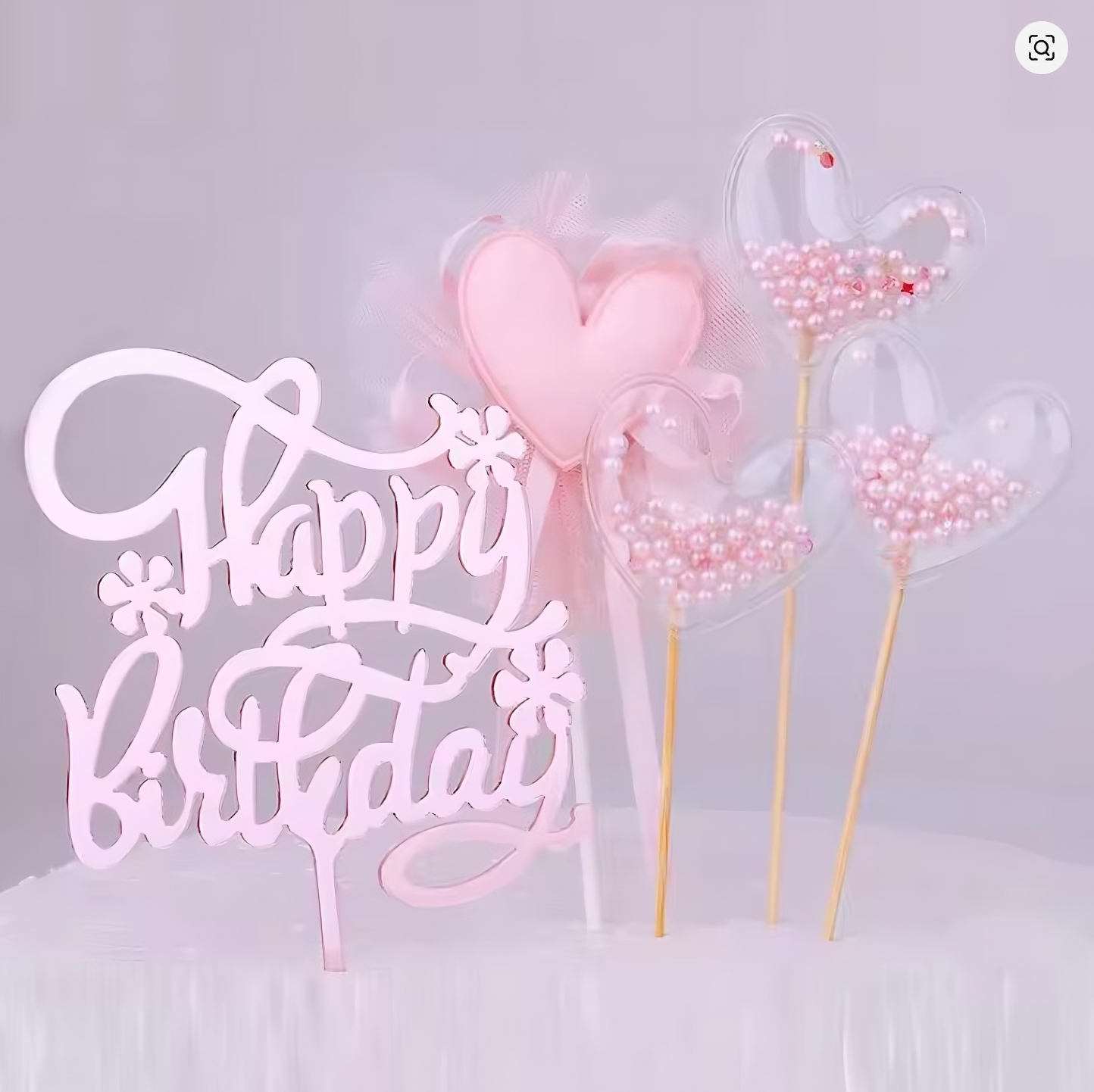5Pcs Pink Happy Birthday Cake Topper Decoration Heart Pink Pearls Cupcake Toppers for Girls Princess Party Decorations Supplies