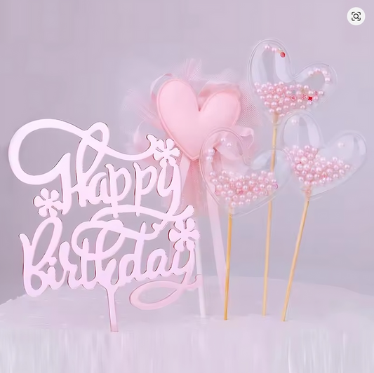 5Pcs Pink Happy Birthday Cake Topper Decoration Heart Pink Pearls Cupcake Toppers for Girls Princess Party Decorations Supplies